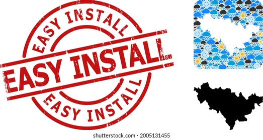Weather mosaic map of Jilin Province, and rubber red round Easy Install stamp. Geographic vector mosaic map of Jilin Province is organized as hole from rounded square and randomized rain, cloud, sun,