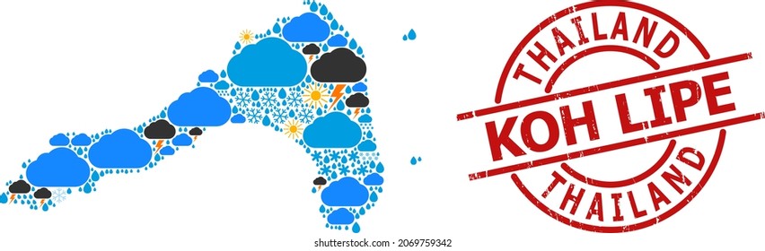 Mapa de mosaicos meteorológicos de la cuerda de Koh, y sello rojo redondo texturizado. El mapa geográfico vectorial de mosaico de la cuerda de Koh está organizado a partir de lluvia, nube, sol, tormenta.