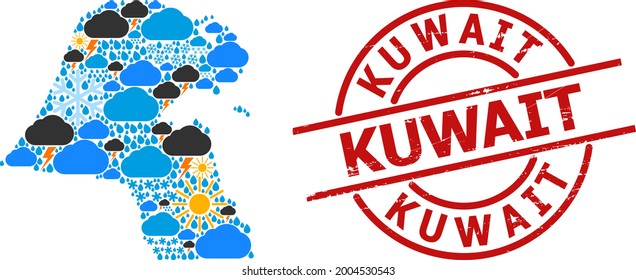 Weather mosaic map of Kuwait, and scratched red round badge. Geographic vector mosaic map of Kuwait is created from randomized rain, cloud, sun, thunderstorm.