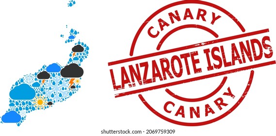 Weather mosaic map of Lanzarote Islands, and distress red round badge. Geographic vector mosaic map of Lanzarote Islands is designed from random rain, cloud, sun, thunderstorm.