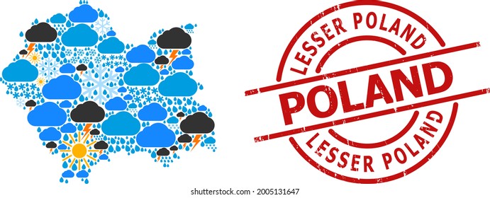 Weather mosaic map of Lesser Poland Province, and distress red round badge. Geographic vector mosaic map of Lesser Poland Province is organized from random rain, cloud, sun, thunderstorm elements.