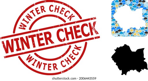 Weather mosaic map of Lesser Poland Province, and scratched red round Winter Check stamp.