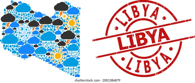 Wettermosaikkarte von Libyen und Gummi roten Rundstempel. Geographische Vektormosaikkarte Libyens ist aus randomisierten Regen-, Wolke-, Sonne- und Gewittersymbolen entworfen.