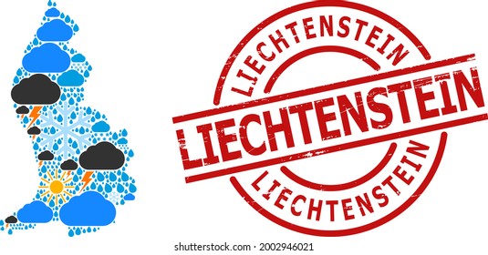 Weather mosaic map of Liechtenstein, and grunge red round stamp seal. Geographic vector mosaic map of Liechtenstein is combined with scattered rain, cloud, sun, thunderstorm symbols.