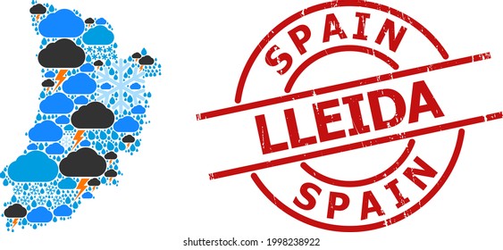 Weather mosaic map of Lleida Province, and distress red round seal. Geographic vector mosaic map of Lleida Province is designed from randomized rain, cloud, sun, thunderstorm symbols.