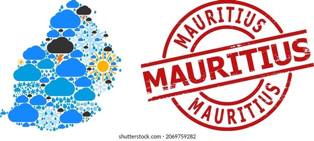 Weather mosaic map of Mauritius Island, and scratched red round badge. Geographic vector mosaic map of Mauritius Island is organized from randomized rain, cloud, sun, thunderstorm icons.