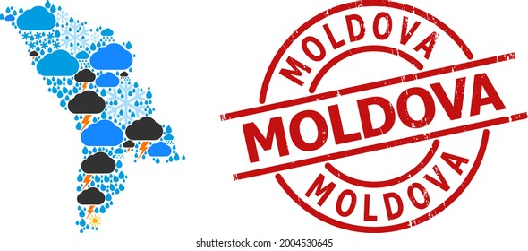 Wetter-Mosaikkarte von Moldawien und Gummi rotes Rundzeichen. Geografische Vektormosaikkarte von Moldawien wird aus verstreuten Regen, Wolken, Sonne, Gewitter erstellt.