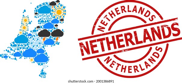 Weather Mosaic Map Of Netherlands, And Scratched Red Round Stamp Seal. Geographic Vector Mosaic Map Of Netherlands Is Created From Randomized Rain, Cloud, Sun, Thunderstorm Symbols.