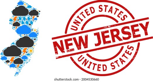 Weather mosaic map of New Jersey State, and distress red round badge. Geographic vector collage map of New Jersey State is composed with random rain, cloud, sun, thunderstorm.