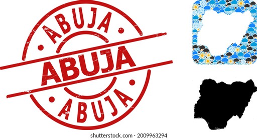Weather mosaic map of Nigeria, and scratched red round Abuja seal. Geographic vector composition map of Nigeria is created as carved shape from rounded square and scattered rain, cloud, sun,