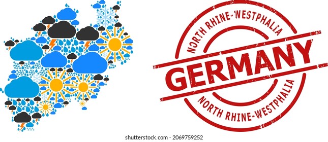 Weather mosaic map of North Rhine-Westphalia State, and rubber red round seal. Geographic vector mosaic map of North Rhine-Westphalia State is composed with randomized rain, cloud, sun,