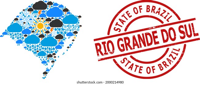 Mapa del mosaico del clima del estado de Rio Grande do Sul, y sello rojo redondo texturizado. El mapa geográfico de la composición vectorial del estado de Rio Grande do Sul está compuesto por lluvia, nube, sol,