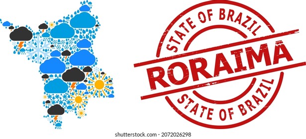 Weather mosaic map of Roraima State, and scratched red round stamp seal. Geographic vector mosaic map of Roraima State is done from randomized rain, cloud, sun, thunderstorm.