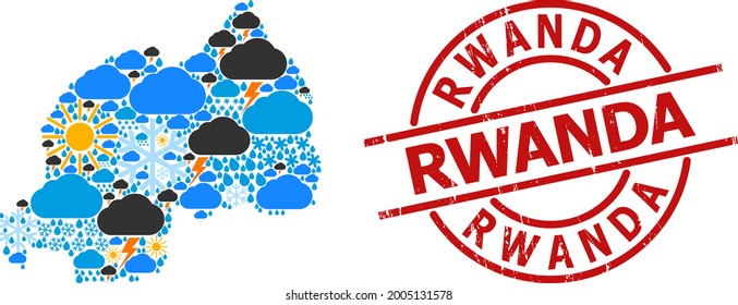 Weather mosaic map of Rwanda, and textured red round badge. Geographic vector concept map of Rwanda is created from random rain, cloud, sun, thunderstorm icons.