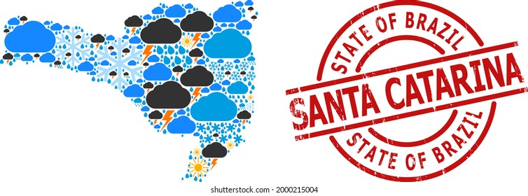 Weather mosaic map of Santa Catarina State, and grunge red round seal. Geographic vector mosaic map of Santa Catarina State is created from scattered rain, cloud, sun, thunderstorm.