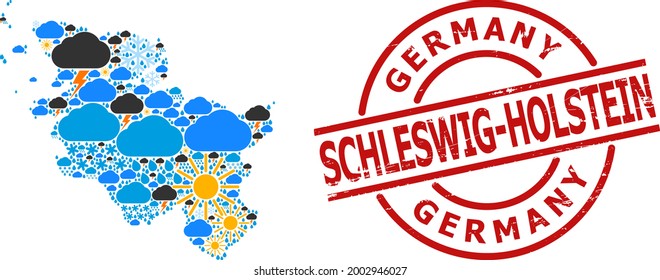 Weather mosaic map of Schleswig-Holstein State, and scratched red round stamp seal. Geographic vector mosaic map of Schleswig-Holstein State is constructed from randomized rain, cloud, sun,