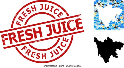 Weather mosaic map of Sichuan Province, and distress red round Fresh Juice seal.