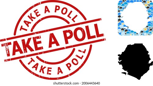 Weather mosaic map of Sierra Leone, and grunge red round Take a Poll stamp. Geographic vector mosaic map of Sierra Leone is composed as hole from rounded square and random rain, cloud, sun,