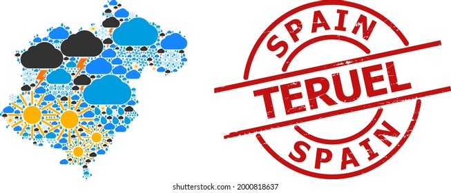 Weather mosaic map of Teruel Province, and distress red round stamp seal. Geographic vector mosaic map of Teruel Province is constructed from randomized rain, cloud, sun, thunderstorm.