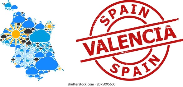Weather mosaic map of Valencia Province, and textured red round seal. Geographic vector mosaic map of Valencia Province is organized from scattered rain, cloud, sun, thunderstorm elements.