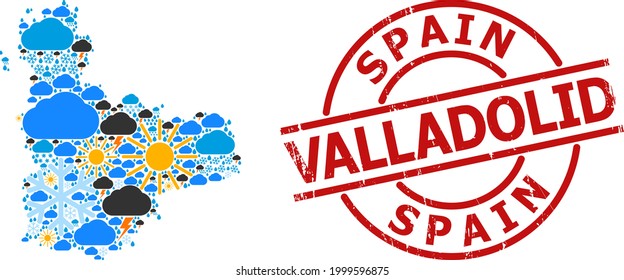 Weather mosaic map of Valladolid Province, and rubber red round stamp seal. Geographic vector mosaic map of Valladolid Province is combined with scattered rain, cloud, sun, thunderstorm.