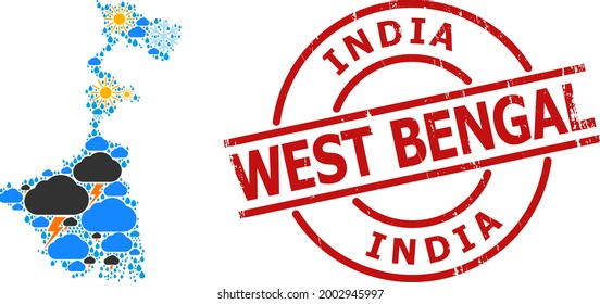 Weather mosaic map of West Bengal State, and rubber red round stamp seal. Geographic vector mosaic map of West Bengal State is organized from randomized rain, cloud, sun, thunderstorm icons.