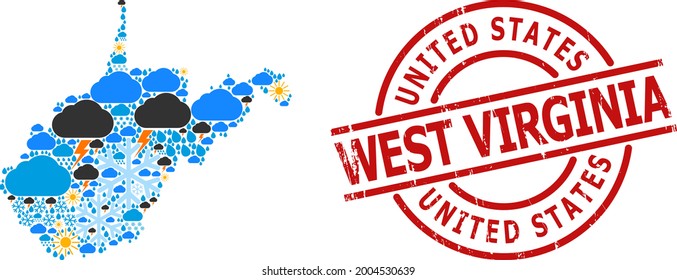Weather mosaic map of West Virginia State, and grunge red round badge. Geographic vector mosaic map of West Virginia State is constructed with randomized rain, cloud, sun, thunderstorm icons.