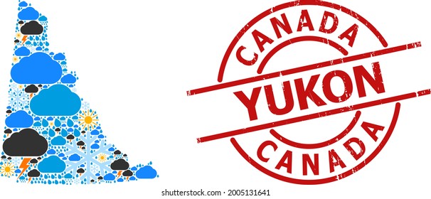 Weather mosaic map of Yukon Province, and scratched red round seal. Geographic vector composition map of Yukon Province is designed from random rain, cloud, sun, thunderstorm.