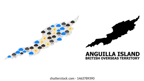 Weather mosaic vector map of Anguilla Island. Geographic composition map of Anguilla Island is designed with scattered rain, cloud, sun, thunderstorm symbols.
