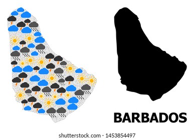 Weather mosaic vector map of Barbados. Geographic mosaic map of Barbados is composed from random rain, cloud, sun, thunderstorm. Vector flat illustration for weather forecst.