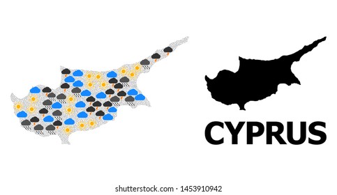 Weather mosaic vector map of Cyprus Island. Geographic collage map of Cyprus Island is designed with randomized rain, cloud, sun, thunderstorm symbols.