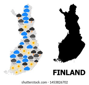 Weather mosaic vector map of Finland. Geographic composition map of Finland is organized from random rain, cloud, sun, thunderstorm items. Vector flat illustration for weather predictions.
