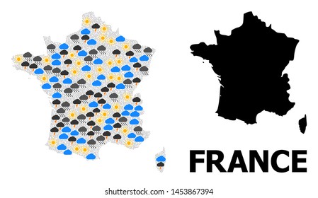 Weather mosaic vector map of France. Geographic concept map of France is created from randomized rain, cloud, sun, thunderstorm. Vector flat illustration for weather predictions.