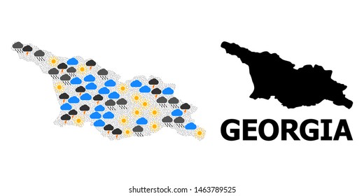 Weather mosaic vector map of Georgia. Geographic mosaic map of Georgia is created with random rain, cloud, sun, thunderstorm symbols. Vector flat illustration for weather predictions.