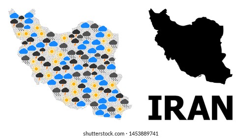 Weather mosaic vector map of Iran. Geographic mosaic map of Iran is created from randomized rain, cloud, sun, thunderstorm. Vector flat illustration for meteorology predictions.