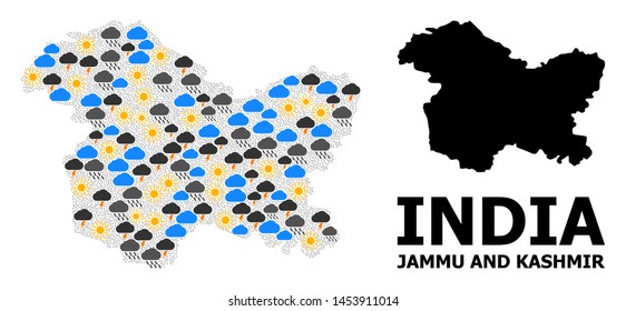 Weather mosaic vector map of Jammu and Kashmir State. Geographic mosaic map of Jammu and Kashmir State is designed from randomized rain, cloud, sun, thunderstorm elements.