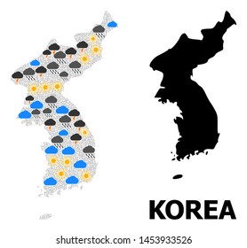 Weather mosaic vector map of Korea. Geographic mosaic map of Korea is composed from randomized rain, cloud, sun, thunderstorm symbols. Vector flat illustration for climate forecst.