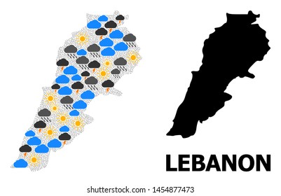 Weather mosaic vector map of Lebanon. Geographic collage map of Lebanon is combined with scattered rain, cloud, sun, thunderstorm elements. Vector flat illustration for weather forecst.