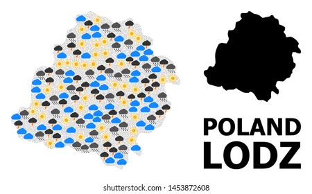 Weather mosaic vector map of Lodz Province. Geographic mosaic map of Lodz Province is constructed from random rain, cloud, sun, thunderstorm. Vector flat illustration for weather predictions.
