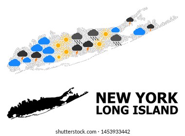 Weather mosaic vector map of Long Island. Geographic mosaic map of Long Island is combined with randomized rain, cloud, sun, thunderstorm. Vector flat illustration for weather predictions.