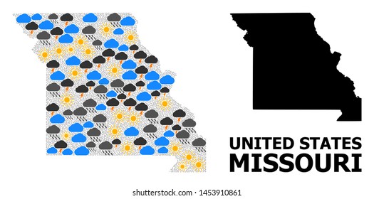 Weather mosaic vector map of Missouri State. Geographic mosaic map of Missouri State is created with random rain, cloud, sun, thunderstorm. Vector flat illustration for weather forecst.