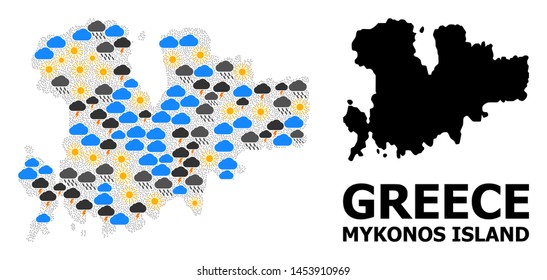 Weather mosaic vector map of Mykonos Island. Geographic mosaic map of Mykonos Island is constructed from random rain, cloud, sun, thunderstorm items. Vector flat illustration for climate predictions.
