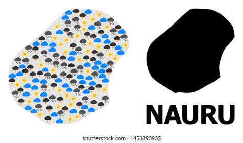 Weather mosaic vector map of Nauru. Geographic mosaic map of Nauru is combined with randomized rain, cloud, sun, thunderstorm icons. Vector flat illustration for weather forecst.