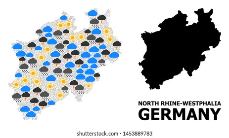 Weather mosaic vector map of North Rhine-Westphalia State. Geographic mosaic map of North Rhine-Westphalia State is organized from scattered rain, cloud, sun, thunderstorm elements.