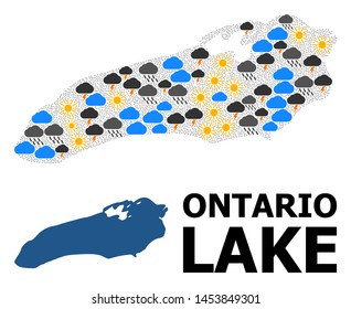 Weather mosaic vector map of Ontario Lake. Geographic mosaic map of Ontario Lake is created with scattered rain, cloud, sun, thunderstorm items. Vector flat illustration for weather news.