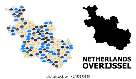 Weather mosaic vector map of Overijssel Province. Geographic mosaic map of Overijssel Province is combined from scattered rain, cloud, sun, thunderstorm elements.