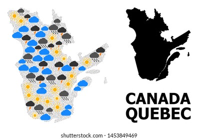 Weather mosaic vector map of Quebec Province. Geographic mosaic map of Quebec Province is composed with random rain, cloud, sun, thunderstorm. Vector flat illustration for weather news.