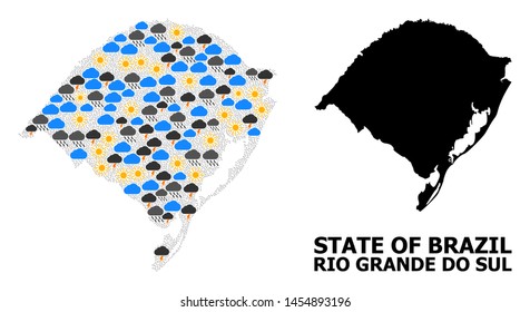 Weather mosaic vector map of Rio Grande do Sul State. Geographic mosaic map of Rio Grande do Sul State is constructed from random rain, cloud, sun, thunderstorm icons.