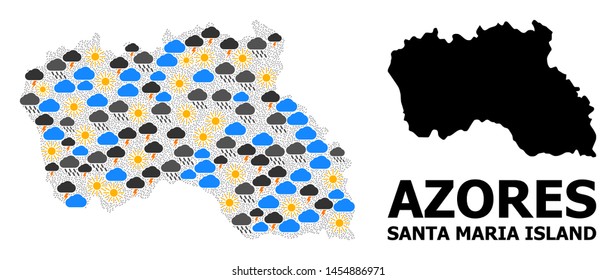 Weather mosaic vector map of Santa Maria Island. Geographic concept map of Santa Maria Island is organized from random rain, cloud, sun, thunderstorm elements.