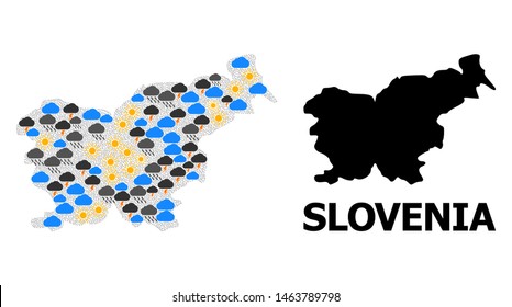 Weather mosaic vector map of Slovenia. Geographic mosaic map of Slovenia is designed from scattered rain, cloud, sun, thunderstorm elements. Vector flat illustration for climate predictions.